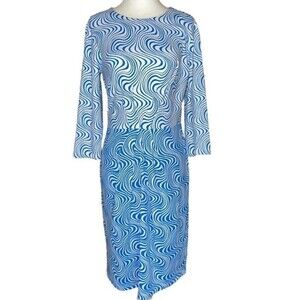 J. McLaughlin Catalina Cloth White and Blue Design Midi Length Sheath Dress S